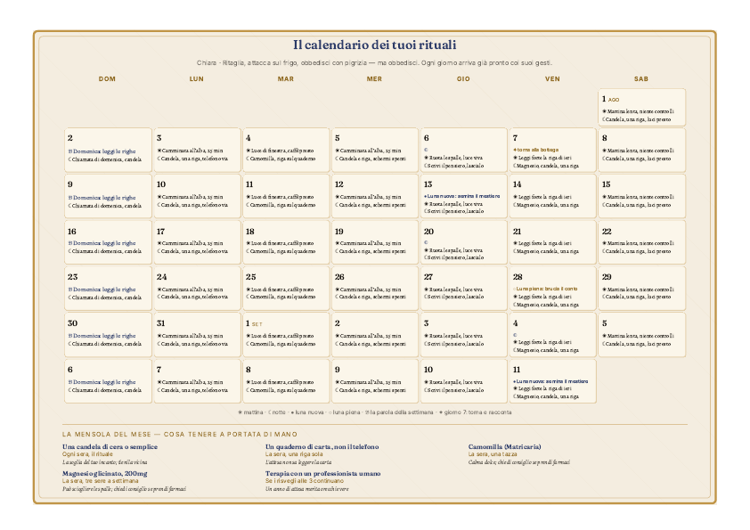 Il Calendario dei Rituali della Mappa del Cielo, foglio da frigo (esempio)