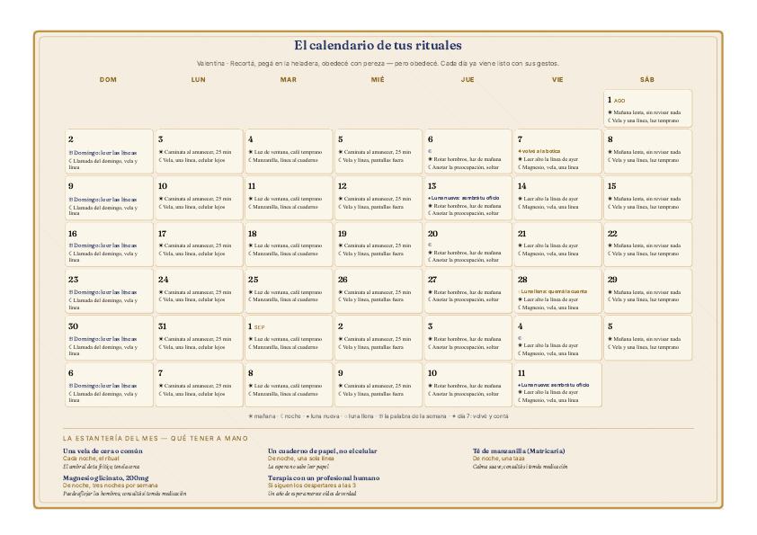 El Calendario de Rituales del Mapa del Cielo, hoja de heladera (muestra)