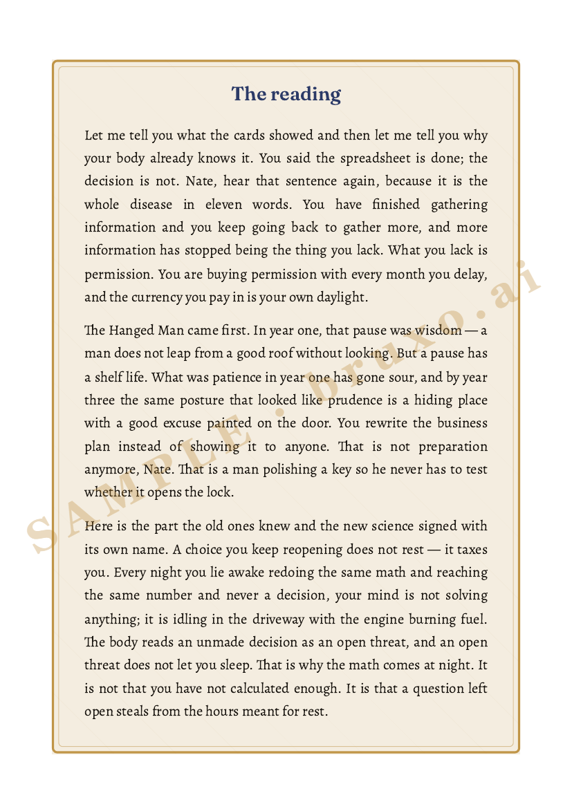 The reading — his three cards read whole (sample)