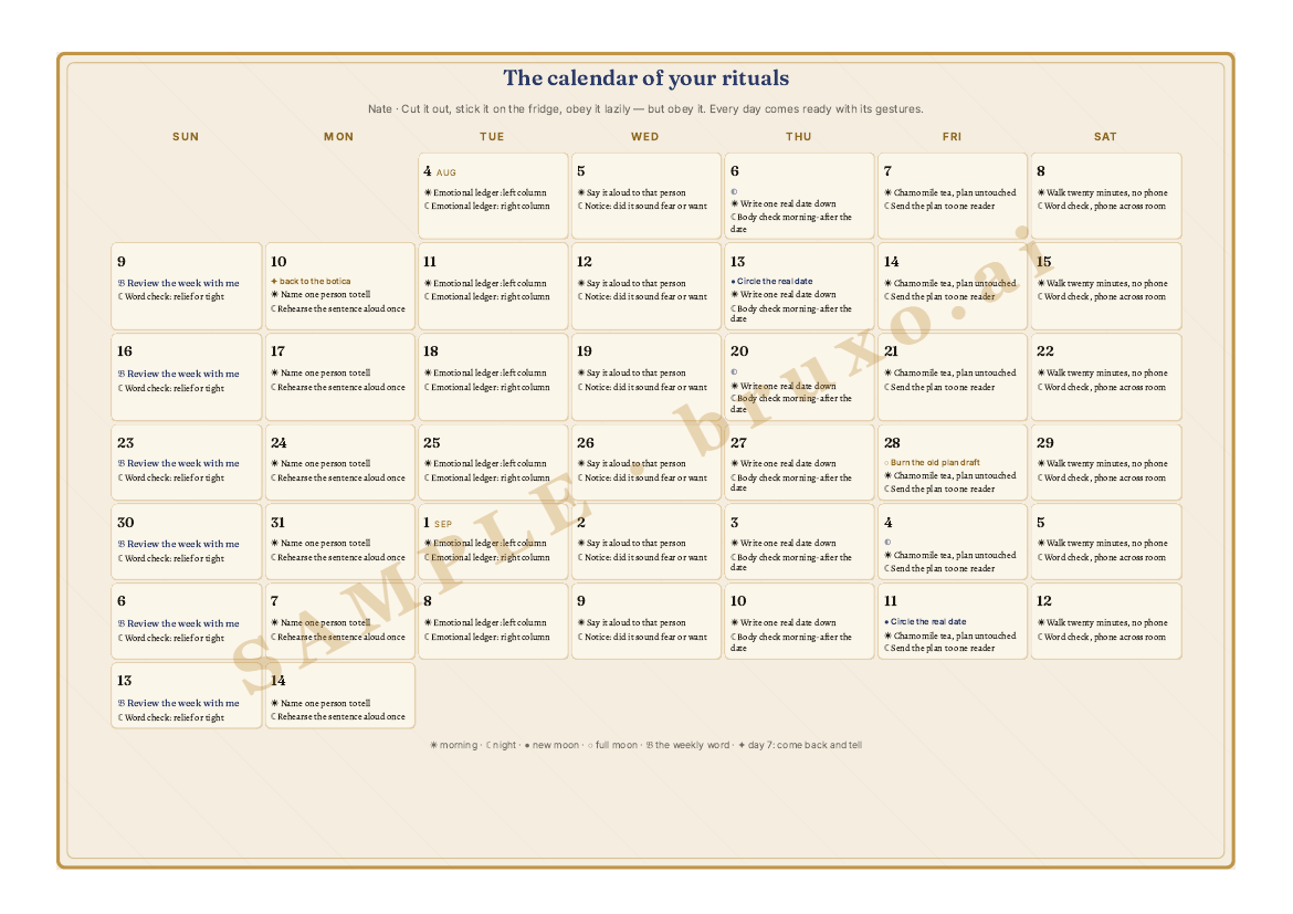 The calendar of your draw — a month of gestures (sample)
