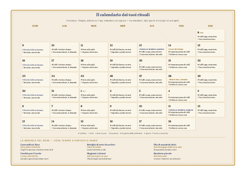 Il calendario dei rituali del legame, foglio da frigo (esempio)