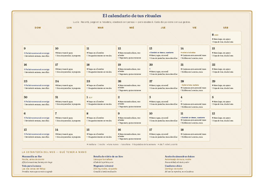 El calendario de rituales del vínculo, hoja de heladera (muestra)