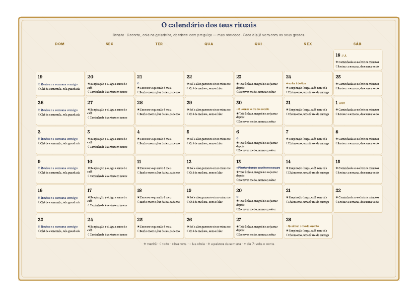 O Calendário de Rituais do Mapa do Vínculo, folha de geladeira (amostra)