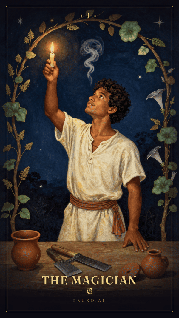 Il Mago, arcano I dei tarocchi: figura con una mano alzata al cielo e l'altra rivolta a terra, davanti al tavolo con la coppa, la lama, il bastone e la moneta
