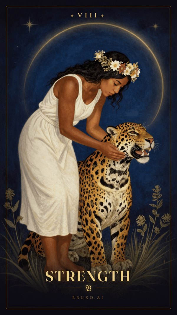 La Forza, arcano VIII dei tarocchi: donna incoronata di fiori chiude a mani nude le fauci di un grande felino, con il simbolo dell'infinito luminoso sopra il capo
