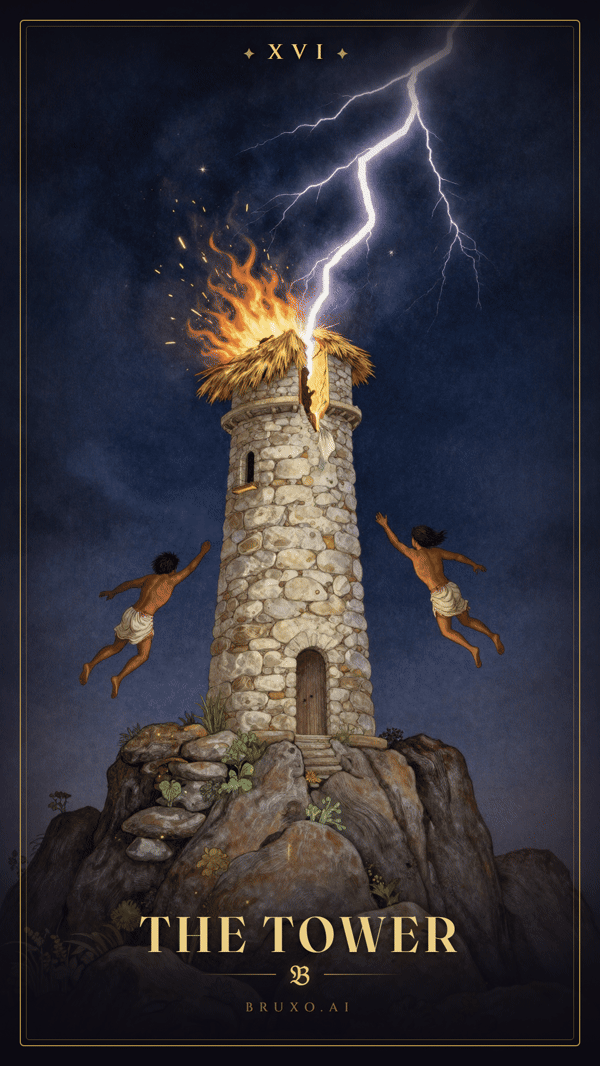 La Torre, arcano XVI dei tarocchi: torre di pietra su un picco colpita da un fulmine, la corona strappata in fiamme e due figure che cadono a capofitto nella notte