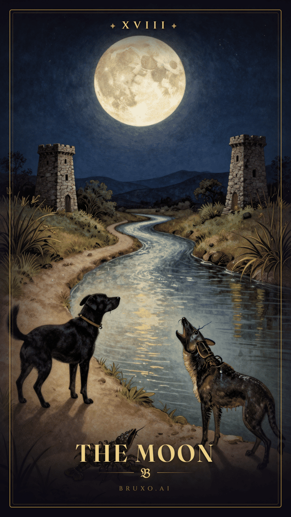 A Lua, arcano XVIII do tarô: lua de rosto voltado para baixo pingando orvalho sobre um caminho, com dois cães uivando dos lados e um lagostim saindo da água