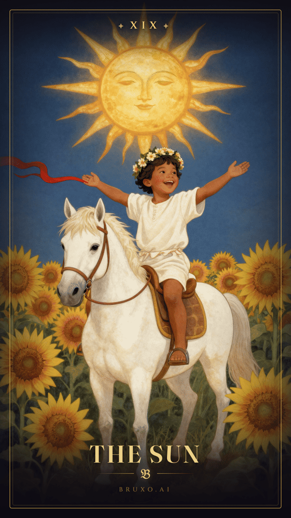 Il Sole, arcano XIX dei tarocchi: bambino incoronato di fiori a cavallo di un cavallo bianco davanti a un muro di girasoli, sotto un grande sole dal volto raggiante